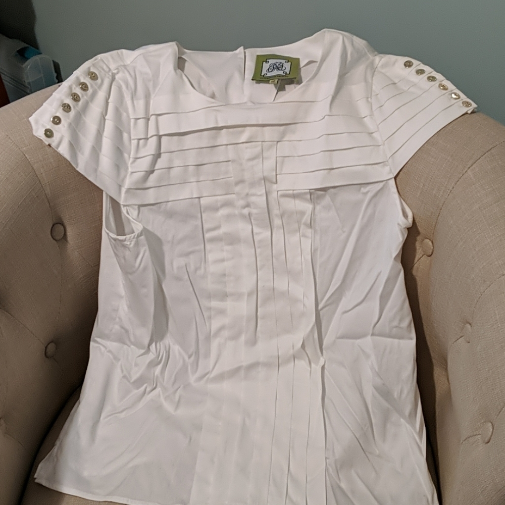 Elizabeth McKay White Blouse with Gold Button Accents